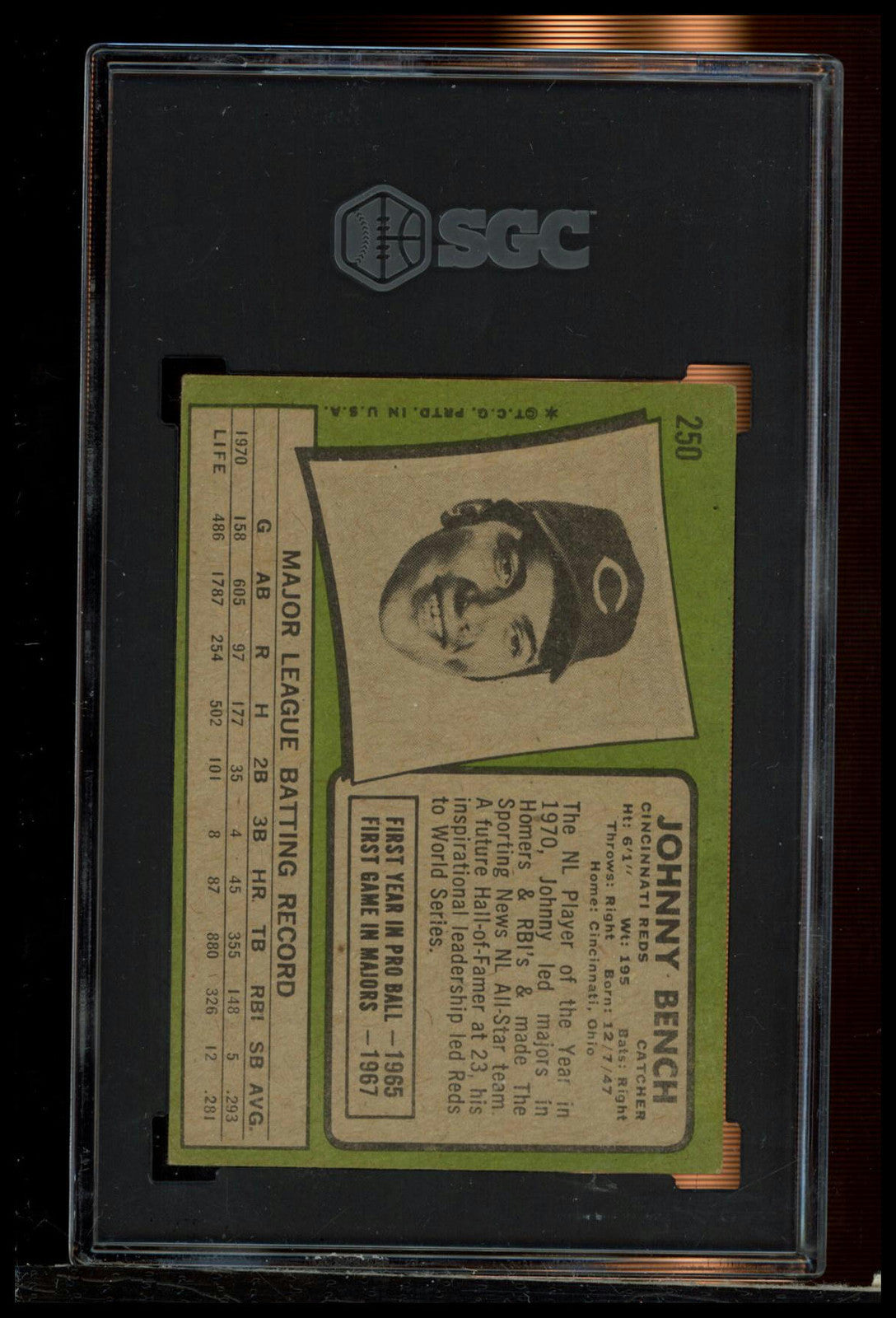 1971 Topps #250 Johnny Bench SGC 3.5