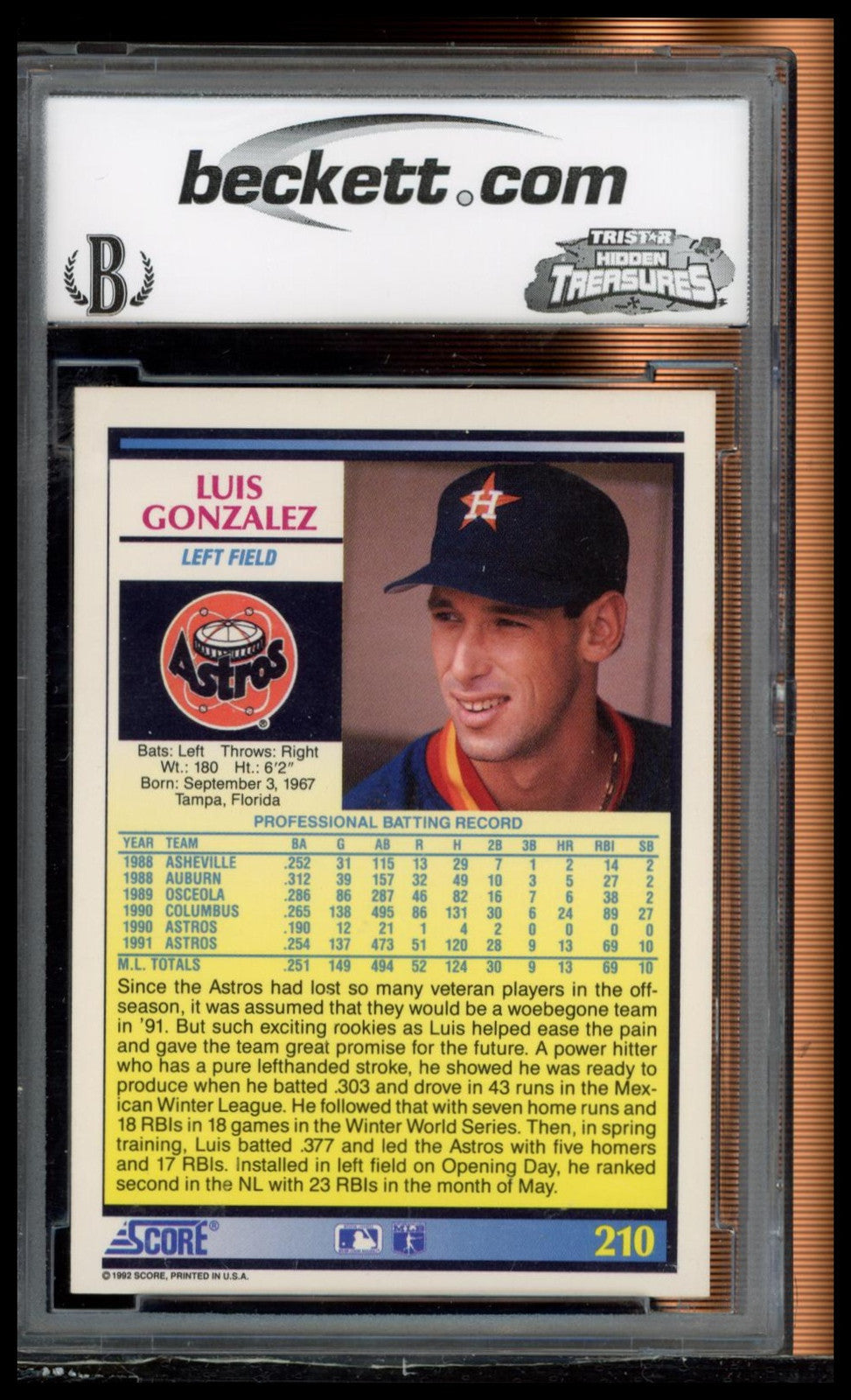 1992 Score #210 Luis Gonzalez BCCG 9