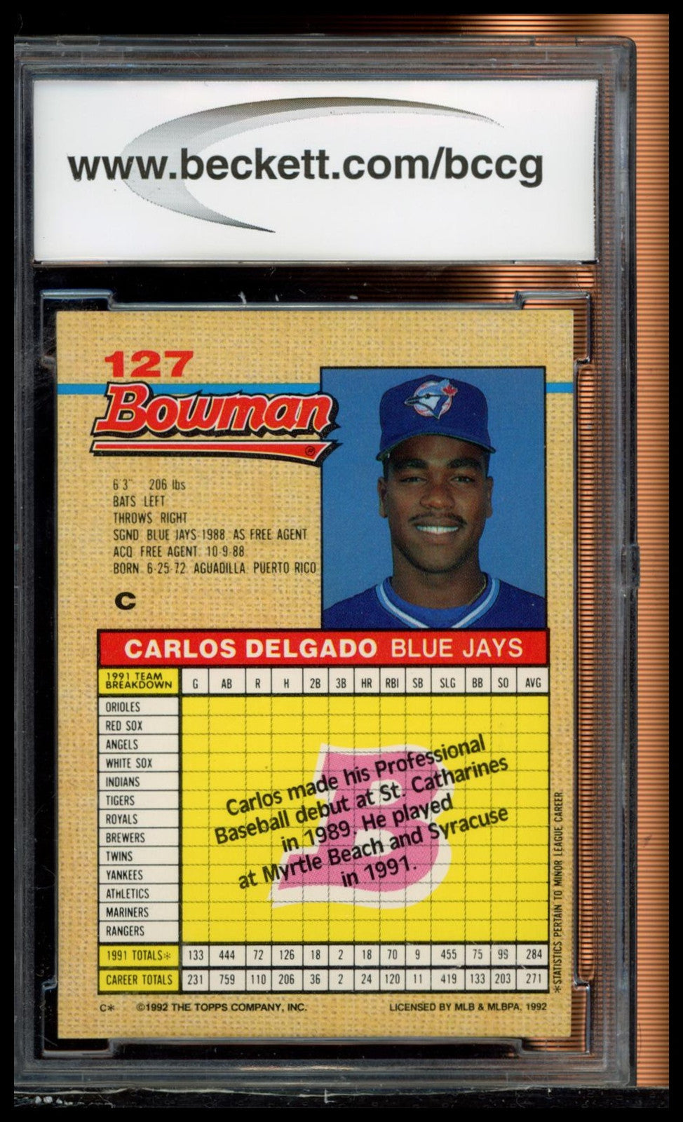 1992 Bowman #127 Carlos Delgado BCCG 8