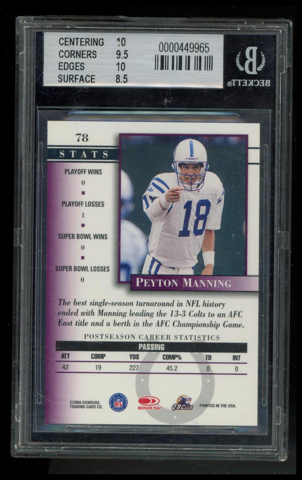 2000 Donruss Preferred #78 Peyton Manning BGS 9