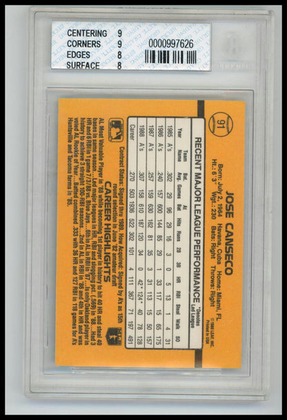1989 Donruss #91a Jose Canseco BCCG 8