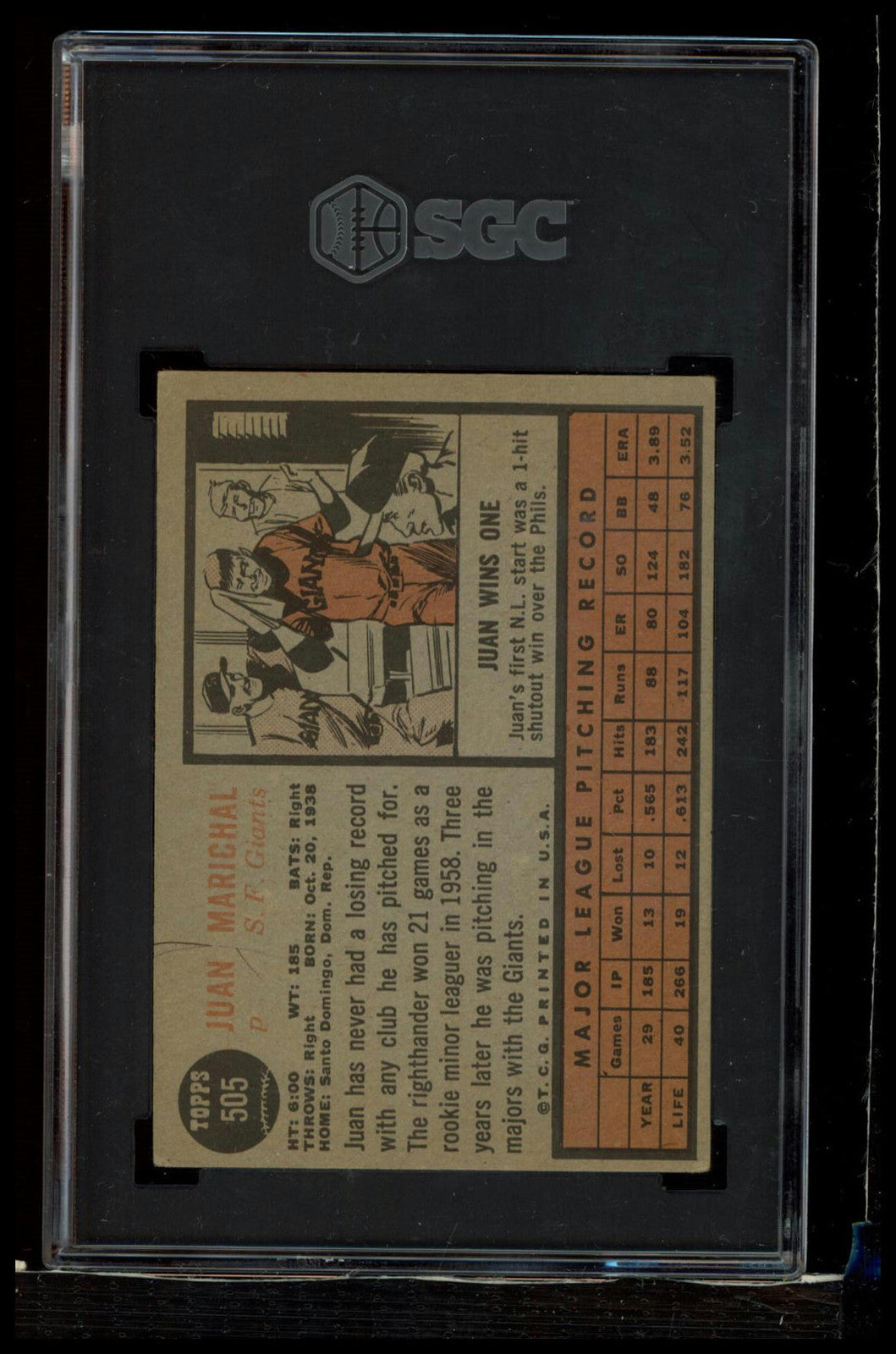 1962 Topps #505 Juan Marichal SGC 2