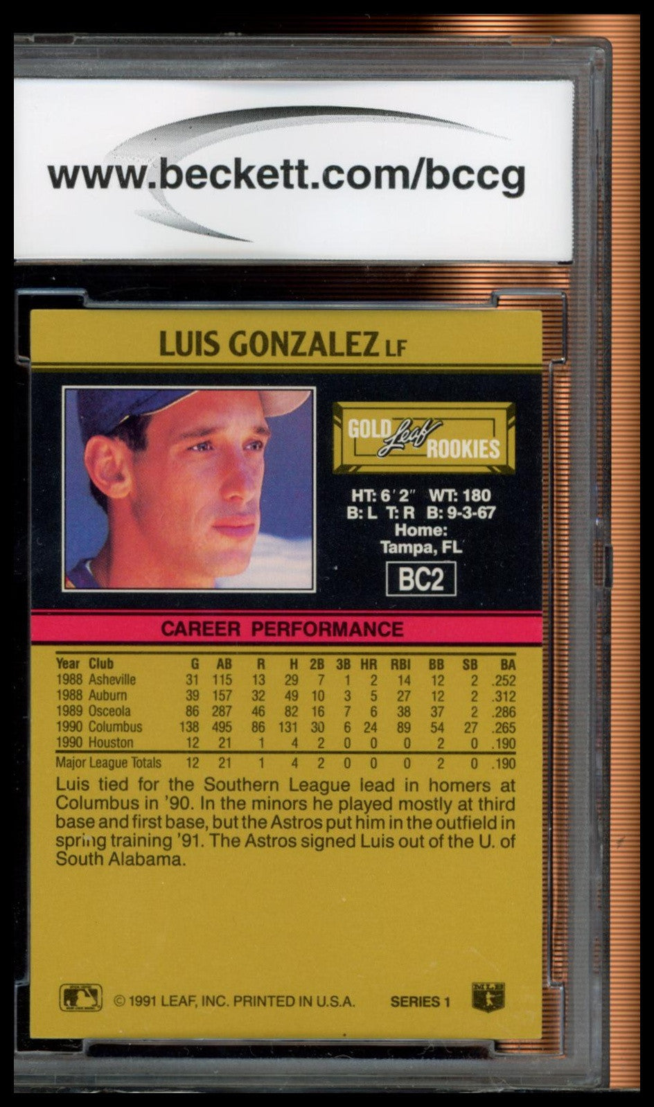 1991 Leaf #BC2 Luis Gonzalez Gold Rookies BCCG 9