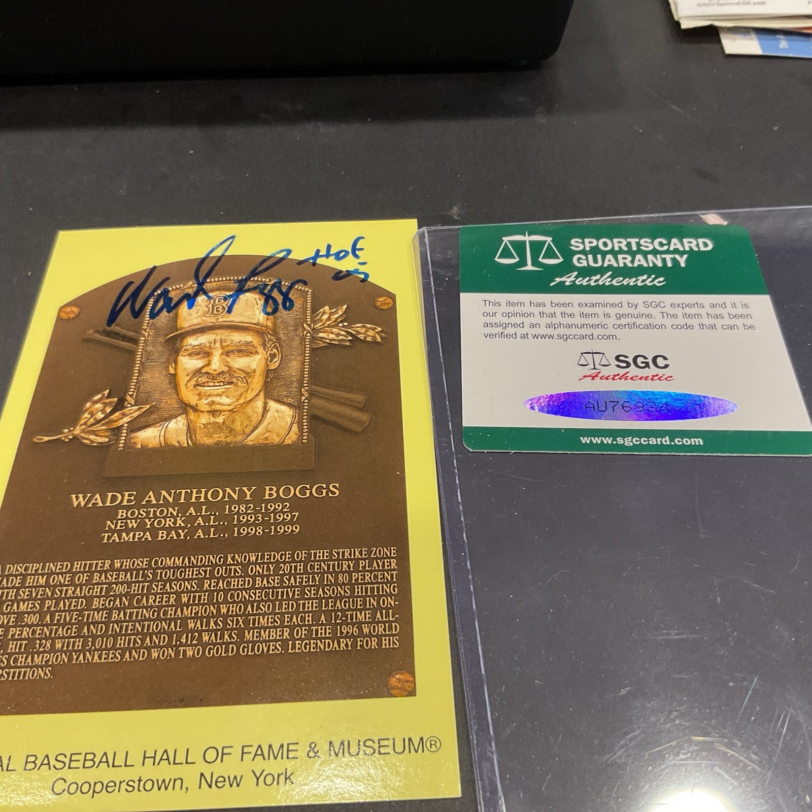 Autographed Wade Boggs Hall Of Fame Yellow Card SGC Authenticated