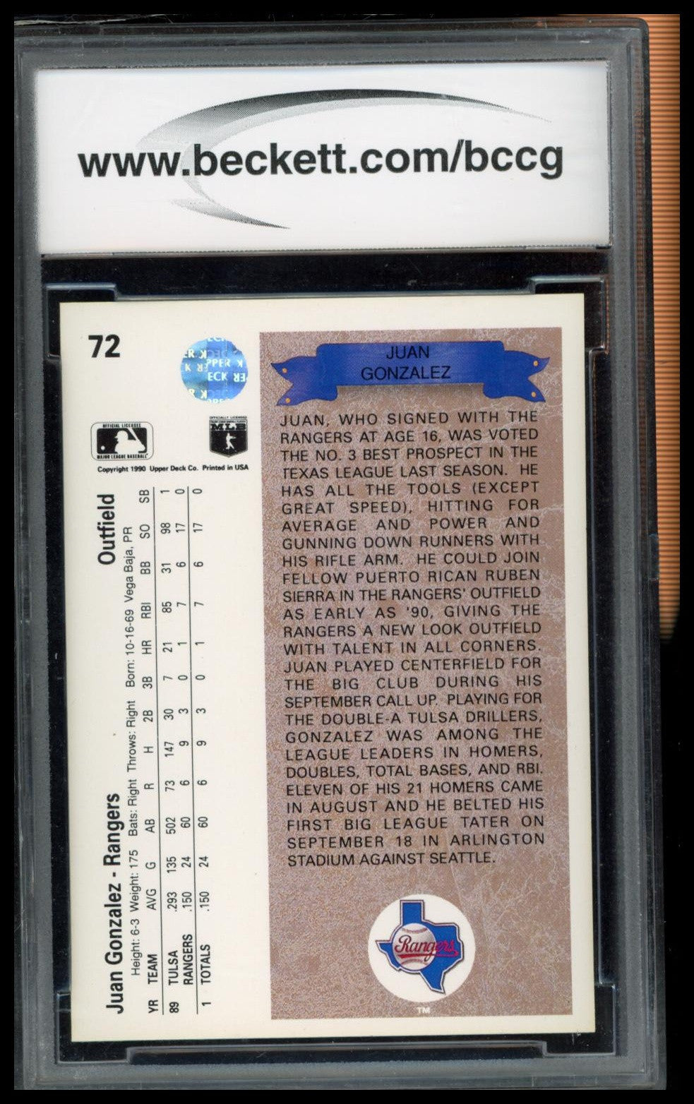 1990 Upper Deck #72 Juan Gonzalez BCCG 9