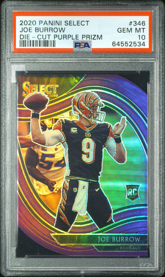 2020 Panini Select #346 Joe Burrow Die-Cut Purple Prizm PSA 10