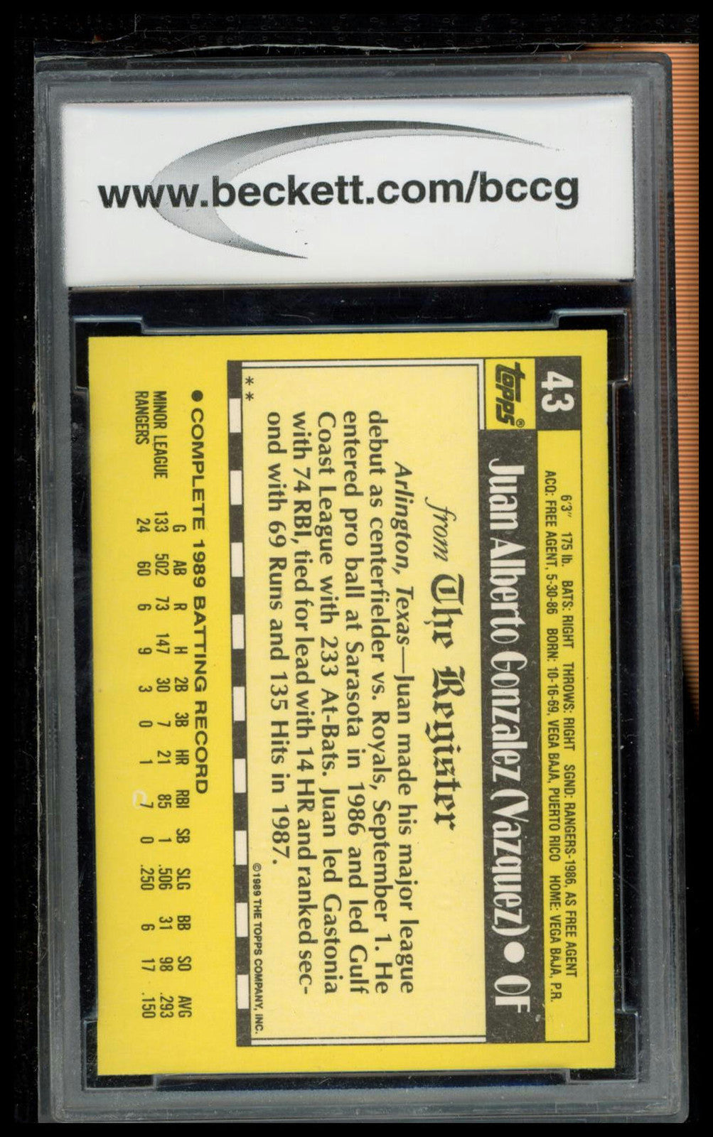 1990 Topps Major League Debut 1989 #43 Juan Gonzalez BCCG 9