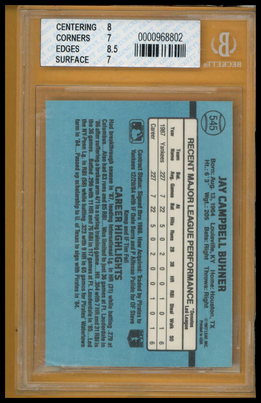 1988 Donruss #545a Jay Buhner BGS 7