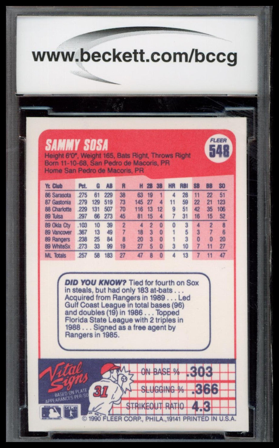 1990 Fleer Canadian #548 Sammy Sosa SGC 9